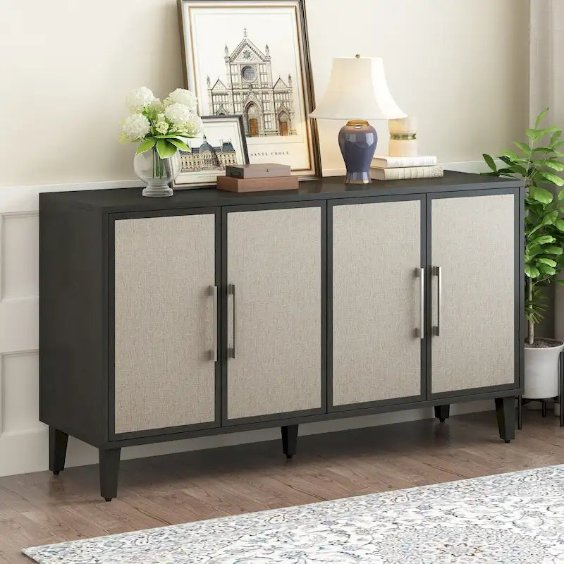 4-Door Linen Panel Sideboard Cabinet with Adjustable Shelves and Metal Handles