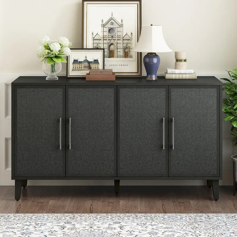 4-Door Linen Panel Sideboard Cabinet with Adjustable Shelves and Metal Handles