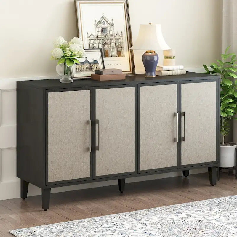 4-Door Linen Panel Sideboard Cabinet with Adjustable Shelves and Metal Handles