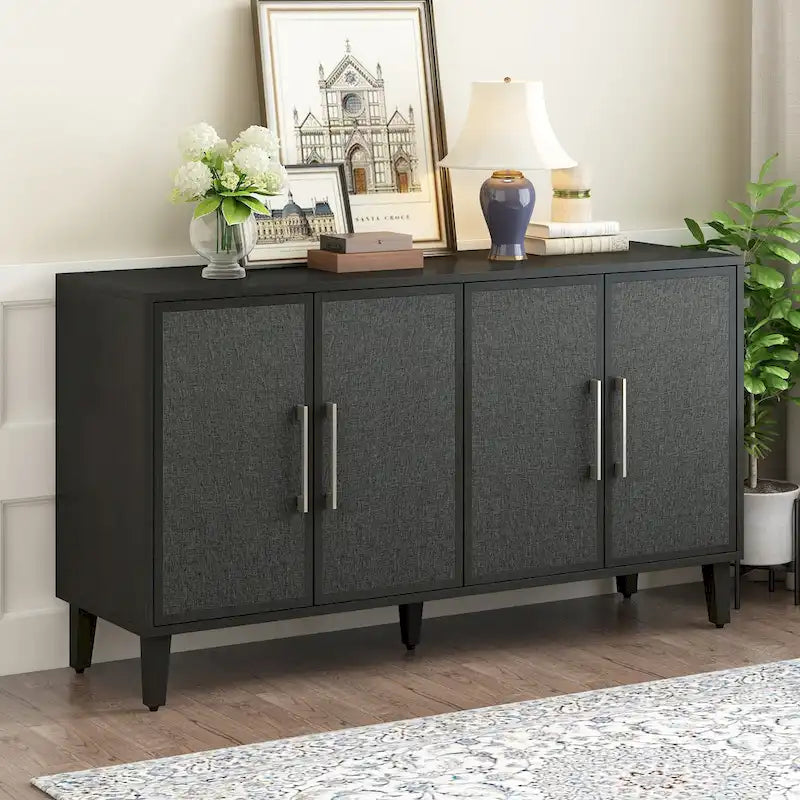 4-Door Linen Panel Sideboard Cabinet with Adjustable Shelves and Metal Handles