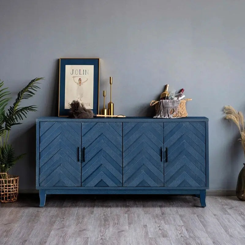 4-Door Sideboard Buffet Cabinet with Chevron Relief Door Panels Solid Pine Legs and Lacquered MDF Frame