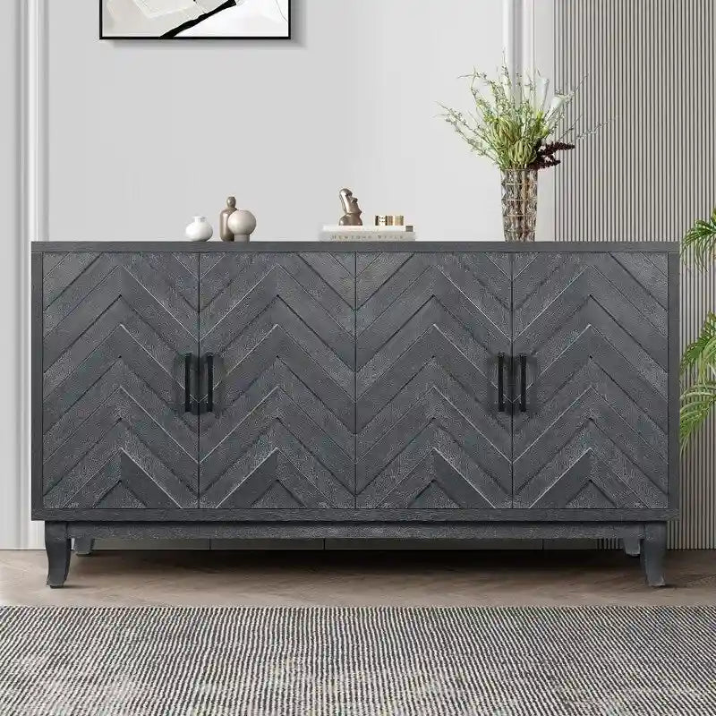 4-Door Sideboard Buffet Cabinet with Chevron Relief Door Panels Solid Pine Legs and Lacquered MDF Frame