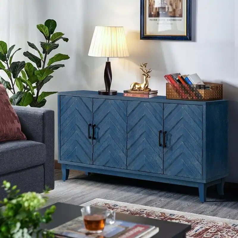 4-Door Sideboard Buffet Cabinet with Chevron Relief Door Panels Solid Pine Legs and Lacquered MDF Frame