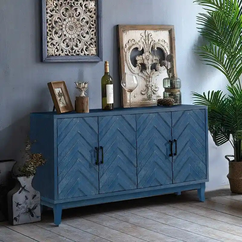 4-Door Sideboard Buffet Cabinet with Chevron Relief Door Panels Solid Pine Legs and Lacquered MDF Frame