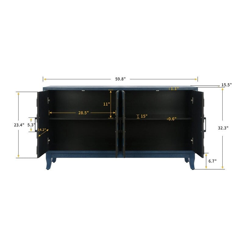 4-Door Sideboard Buffet Cabinet with Chevron Relief Door Panels Solid Pine Legs and Lacquered MDF Frame