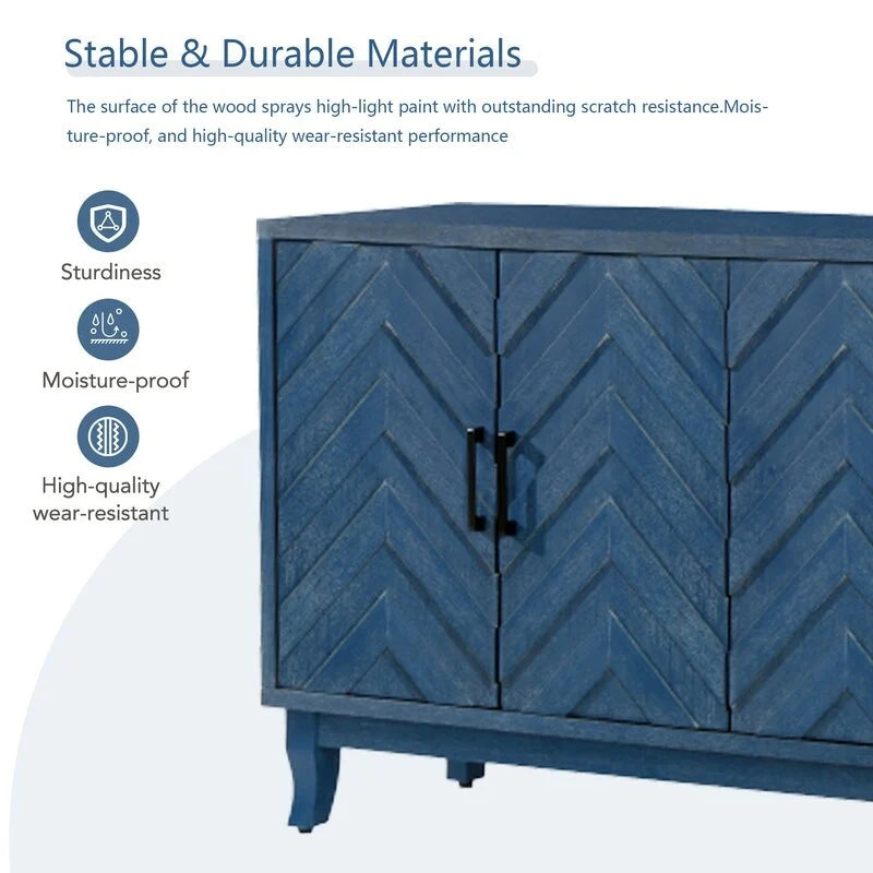 4-Door Sideboard Buffet Cabinet with Chevron Relief Door Panels Solid Pine Legs and Lacquered MDF Frame