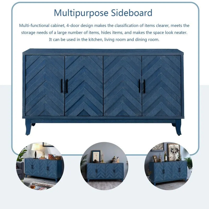 4-Door Sideboard Buffet Cabinet with Chevron Relief Door Panels Solid Pine Legs and Lacquered MDF Frame