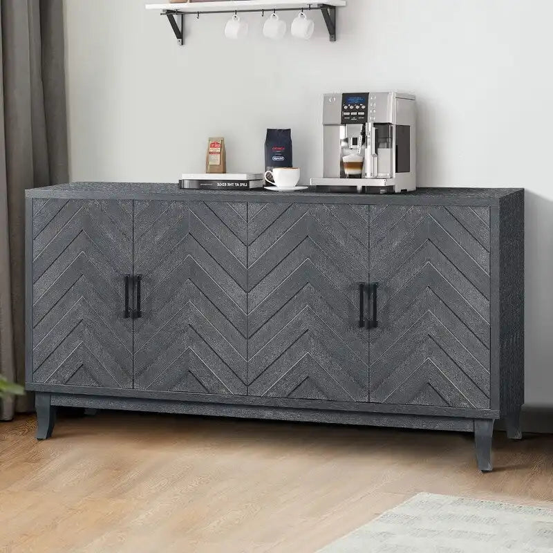 4-Door Sideboard Buffet Cabinet with Chevron Relief Door Panels Solid Pine Legs and Lacquered MDF Frame