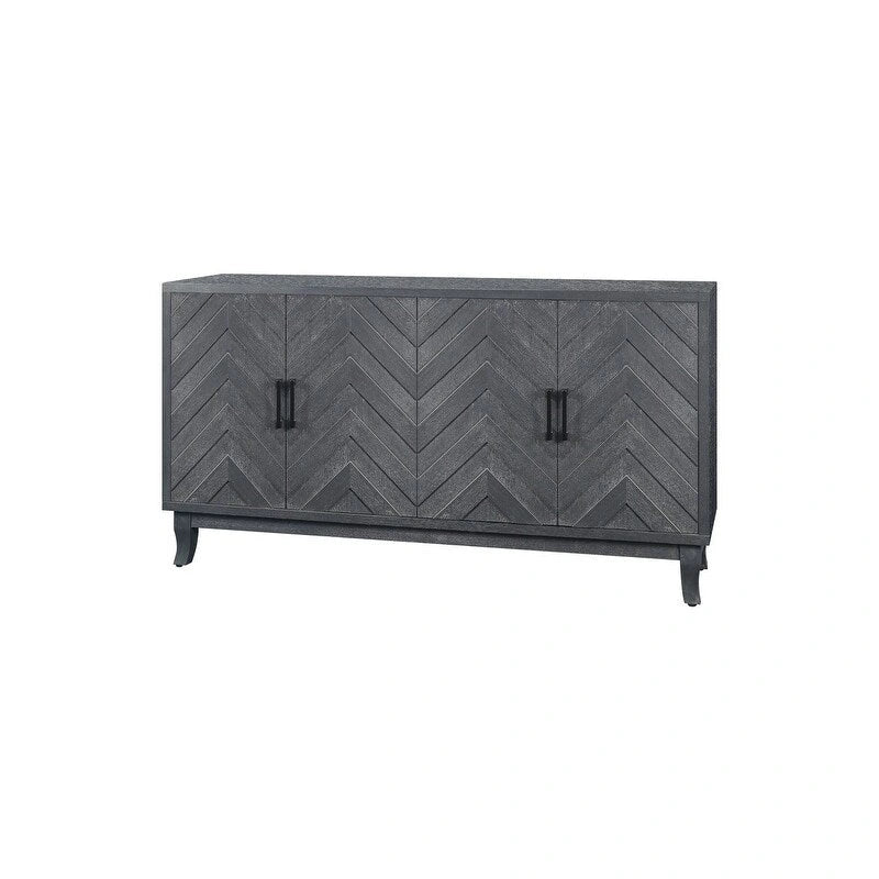 4-Door Sideboard Buffet Cabinet with Chevron Relief Door Panels Solid Pine Legs and Lacquered MDF Frame