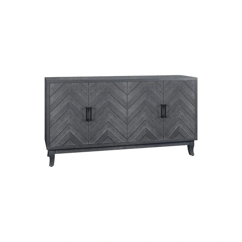 4-Door Sideboard Buffet Cabinet with Chevron Relief Door Panels Solid Pine Legs and Lacquered MDF Frame