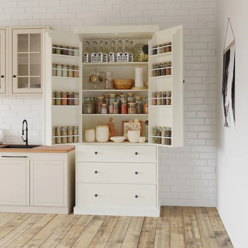 Freestanding Kitchen Pantry Cabinet with 8 Door Shelves 3 Adjustable Shelves and 3 Drawers