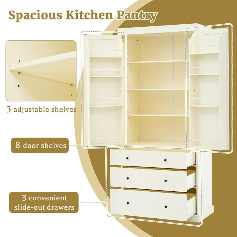 Freestanding Kitchen Pantry Cabinet with 8 Door Shelves 3 Adjustable Shelves and 3 Drawers