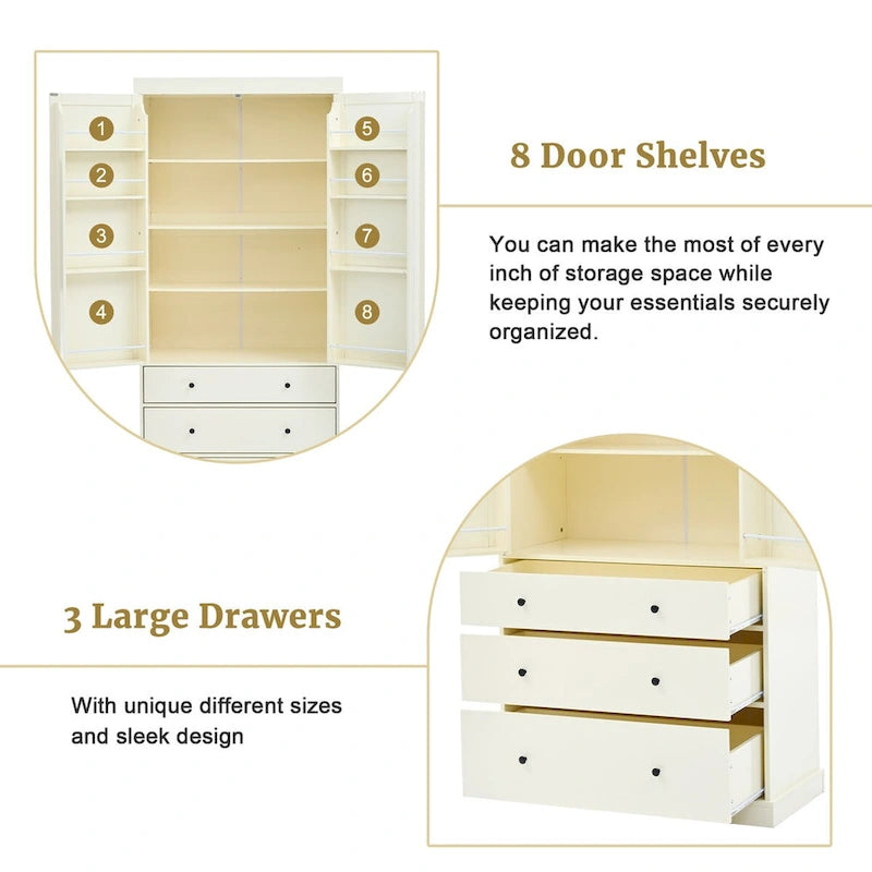 Freestanding Kitchen Pantry Cabinet with 8 Door Shelves 3 Adjustable Shelves and 3 Drawers