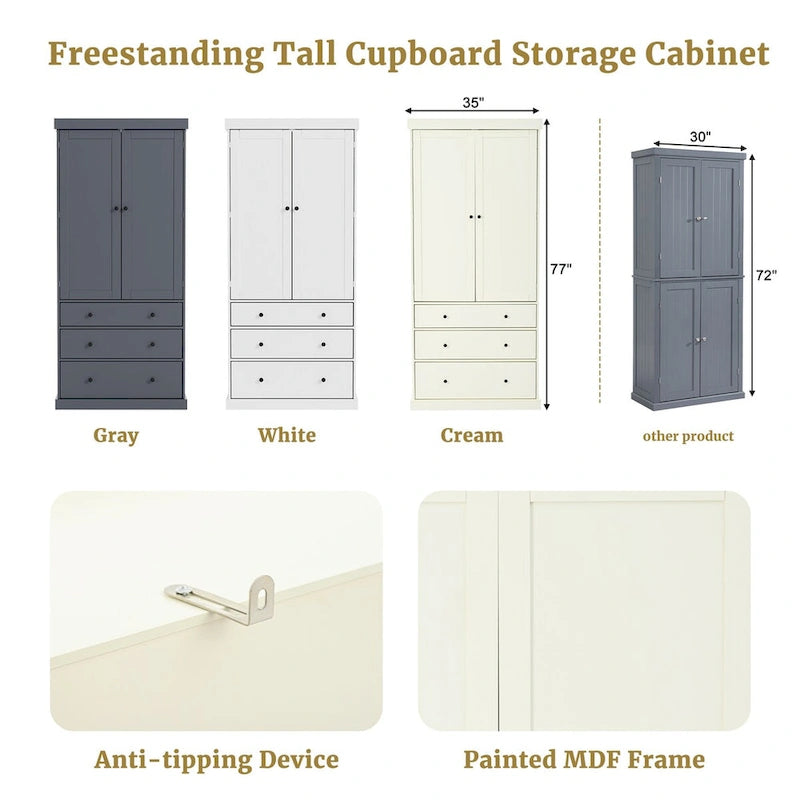 Freestanding Kitchen Pantry Cabinet with 8 Door Shelves 3 Adjustable Shelves and 3 Drawers