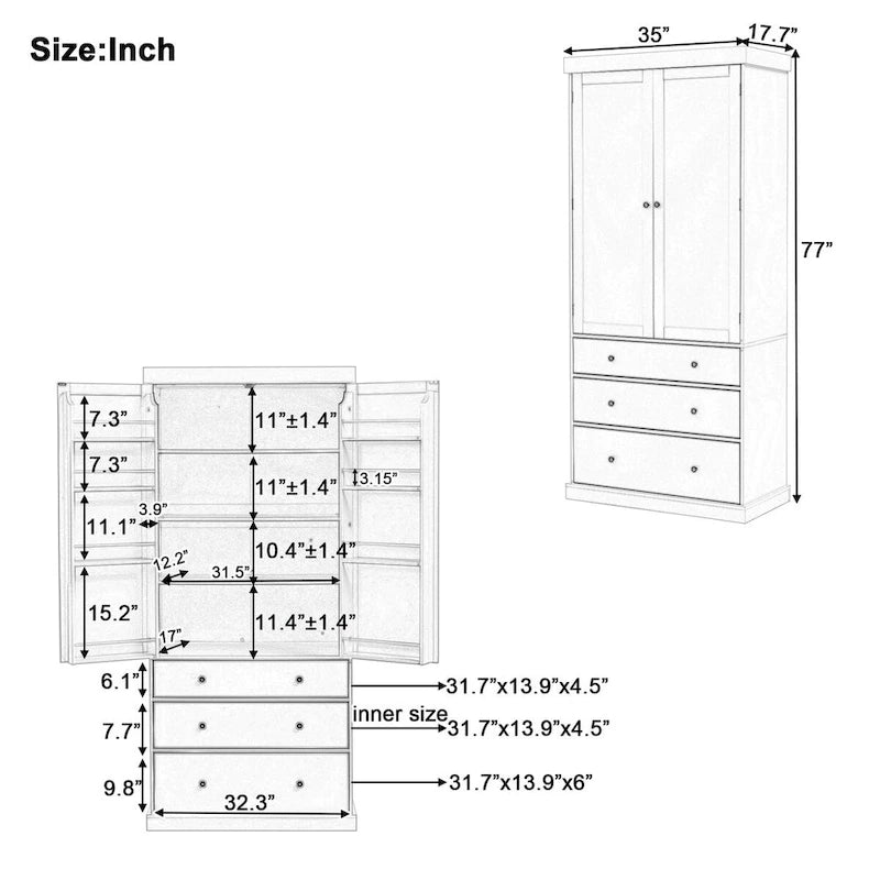 Freestanding Kitchen Pantry Cabinet with 8 Door Shelves 3 Adjustable Shelves and 3 Drawers