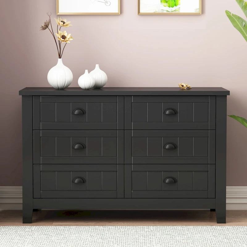 Doppelte Sideboard-Kommode mit 6 Schubladen, Muschelgriffen, geriffelten Fronten, Birkenrahmen und Kippschutz