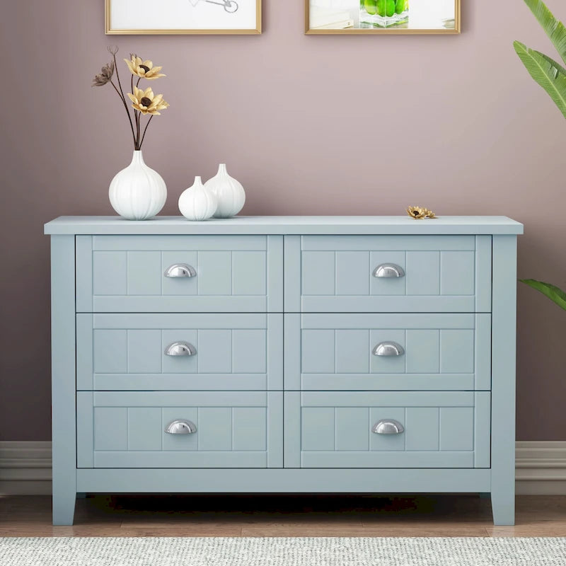 6-Drawer Double Dresser Sideboard with Shell Cup Handles Grooved Panels Birch Frame and Anti-Tip Device