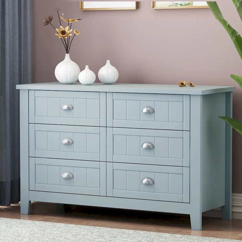 6-Drawer Double Dresser Sideboard with Shell Cup Handles Grooved Panels Birch Frame and Anti-Tip Device