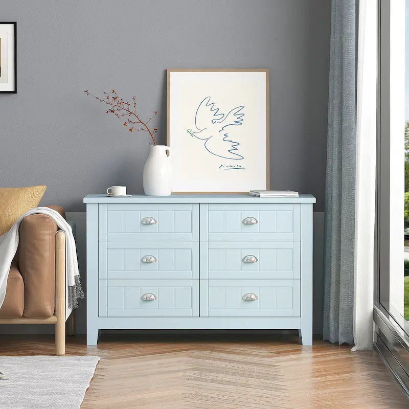 6-Drawer Double Dresser Sideboard with Shell Cup Handles Grooved Panels Birch Frame and Anti-Tip Device