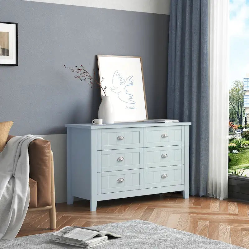 Doppelte Sideboard-Kommode mit 6 Schubladen, Muschelgriffen, geriffelten Fronten, Birkenrahmen und Kippschutz