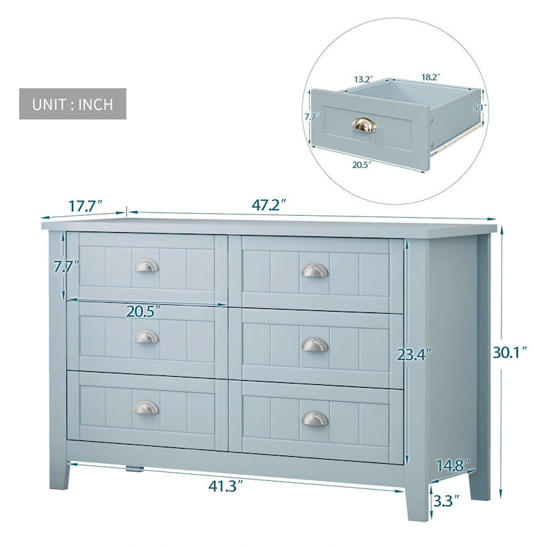 6-Drawer Double Dresser Sideboard with Shell Cup Handles Grooved Panels Birch Frame and Anti-Tip Device