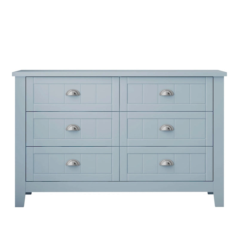 Doppelte Sideboard-Kommode mit 6 Schubladen, Muschelgriffen, geriffelten Fronten, Birkenrahmen und Kippschutz