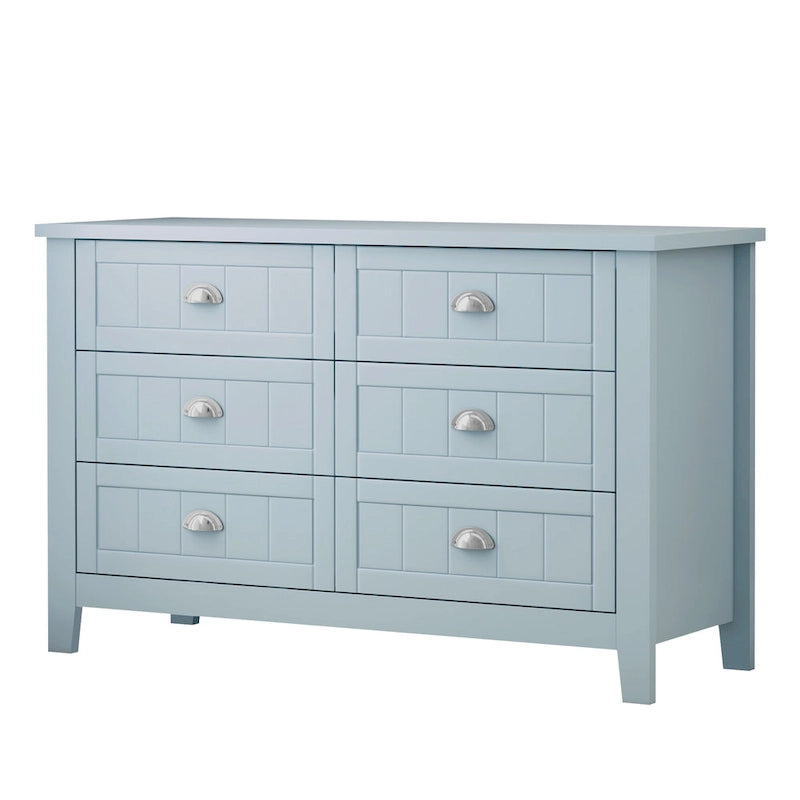 Doppelte Sideboard-Kommode mit 6 Schubladen, Muschelgriffen, geriffelten Fronten, Birkenrahmen und Kippschutz