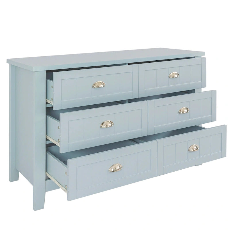 Doppelte Sideboard-Kommode mit 6 Schubladen, Muschelgriffen, geriffelten Fronten, Birkenrahmen und Kippschutz