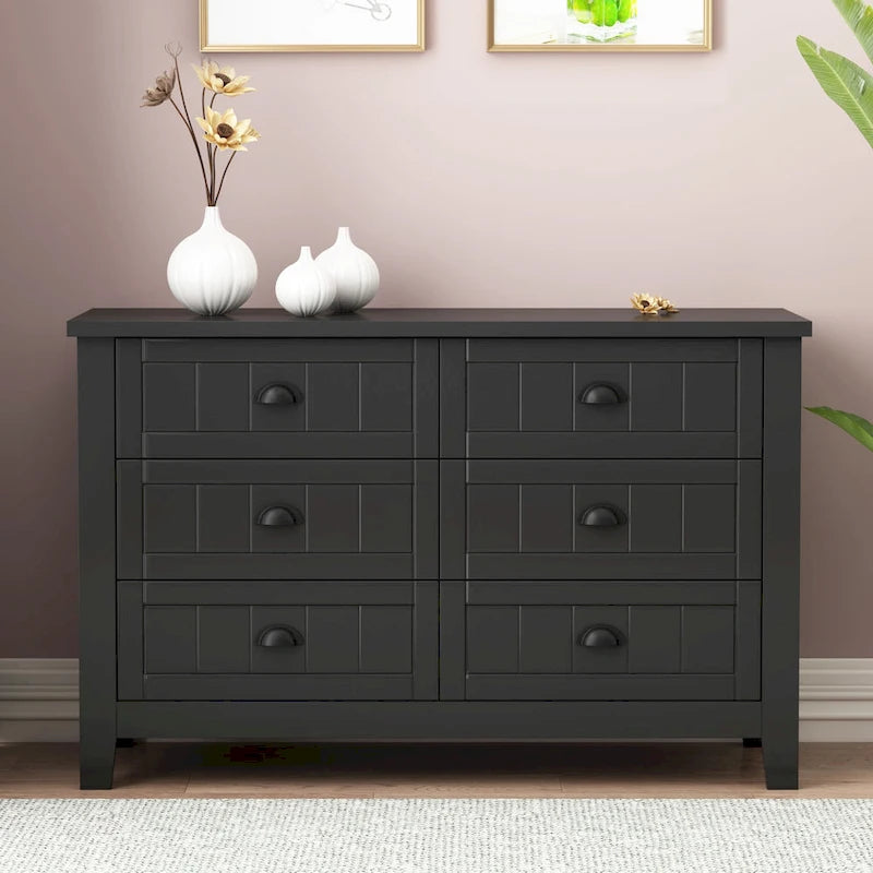 Doppelte Sideboard-Kommode mit 6 Schubladen, Muschelgriffen, geriffelten Fronten, Birkenrahmen und Kippschutz