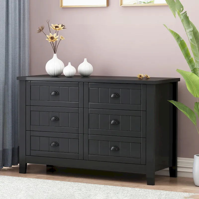 Doppelte Sideboard-Kommode mit 6 Schubladen, Muschelgriffen, geriffelten Fronten, Birkenrahmen und Kippschutz