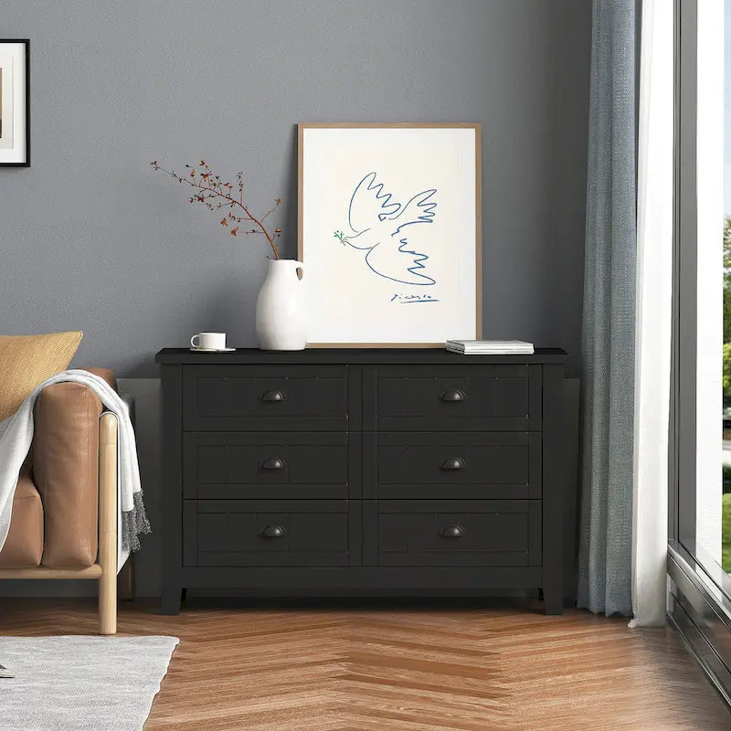Doppelte Sideboard-Kommode mit 6 Schubladen, Muschelgriffen, geriffelten Fronten, Birkenrahmen und Kippschutz