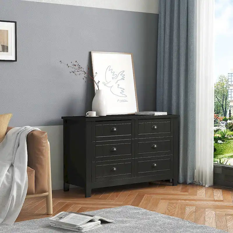 Doppelte Sideboard-Kommode mit 6 Schubladen, Muschelgriffen, geriffelten Fronten, Birkenrahmen und Kippschutz