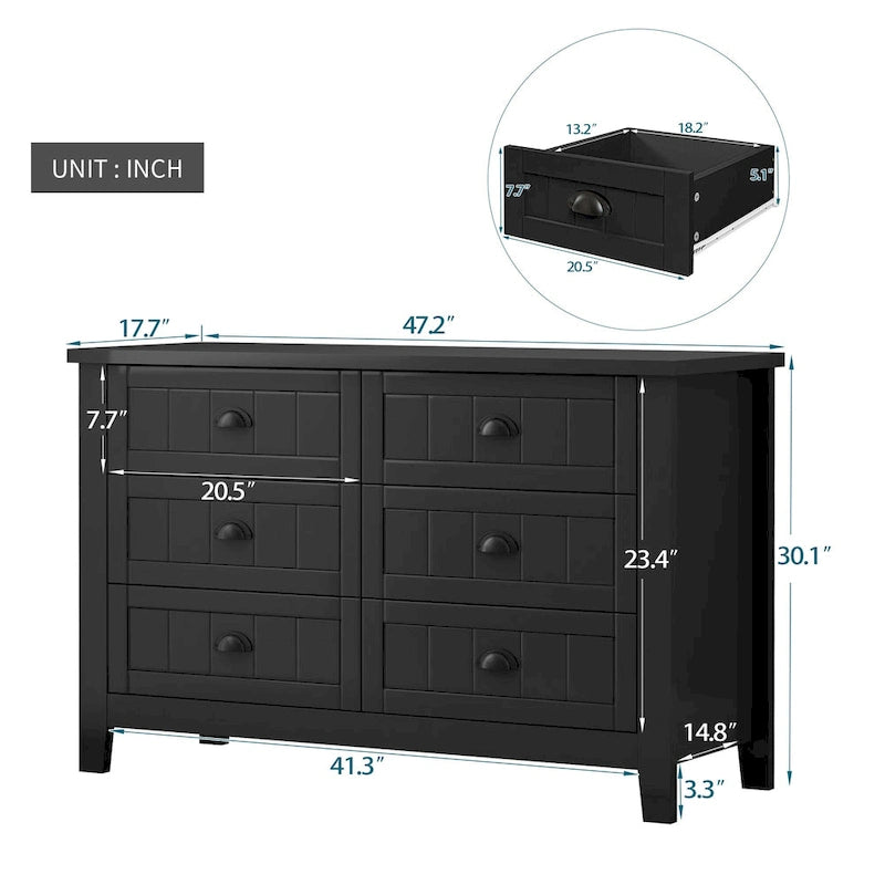 Doppelte Sideboard-Kommode mit 6 Schubladen, Muschelgriffen, geriffelten Fronten, Birkenrahmen und Kippschutz