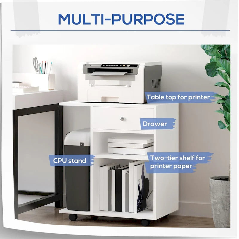 Mobile Printer Stand with Drawer Adjustable Shelf and Rolling Casters