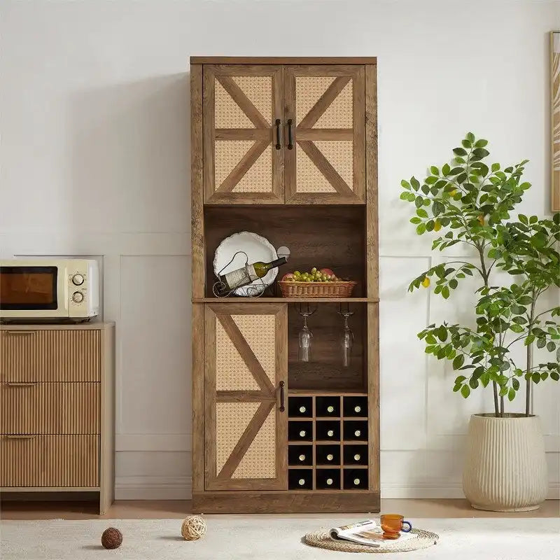 Tall Farmhouse Bar Cabinet with Rattan X-Door Wine Rack and Stemware Holder