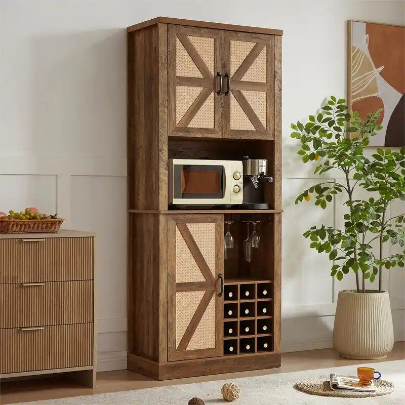 Tall Farmhouse Bar Cabinet with Rattan X-Door Wine Rack and Stemware Holder