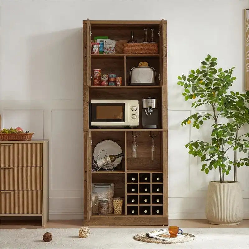 Tall Farmhouse Bar Cabinet with Rattan X-Door Wine Rack and Stemware Holder
