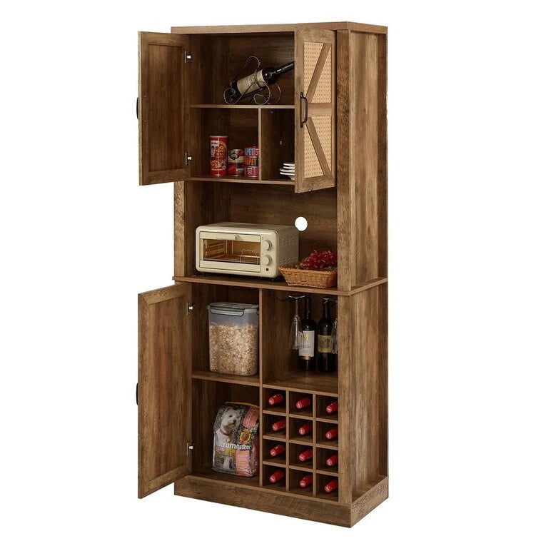 Tall Farmhouse Bar Cabinet with Rattan X-Door Wine Rack and Stemware Holder