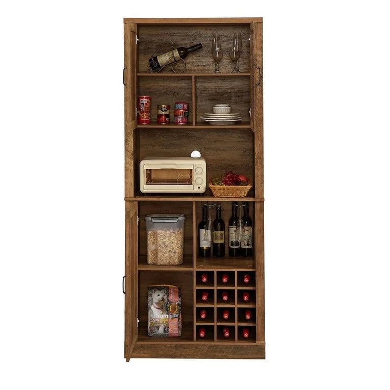 Tall Farmhouse Bar Cabinet with Rattan X-Door Wine Rack and Stemware Holder