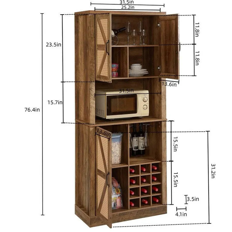 Tall Farmhouse Bar Cabinet with Rattan X-Door Wine Rack and Stemware Holder