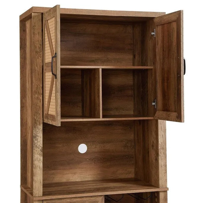 Tall Farmhouse Bar Cabinet with Rattan X-Door Wine Rack and Stemware Holder