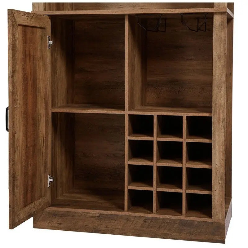 Tall Farmhouse Bar Cabinet with Rattan X-Door Wine Rack and Stemware Holder