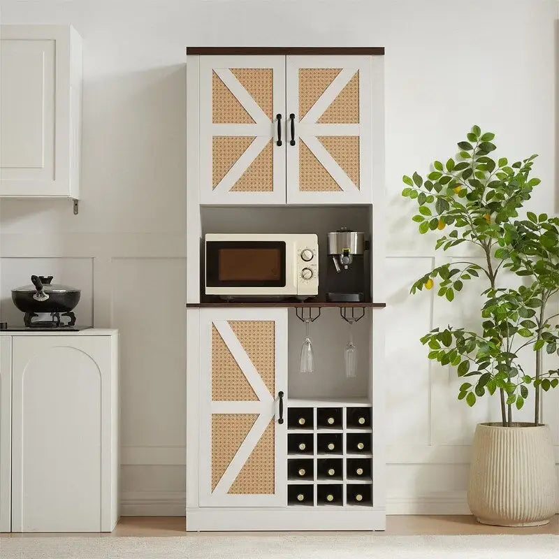 Tall Farmhouse Bar Cabinet with Rattan X-Door Wine Rack and Stemware Holder