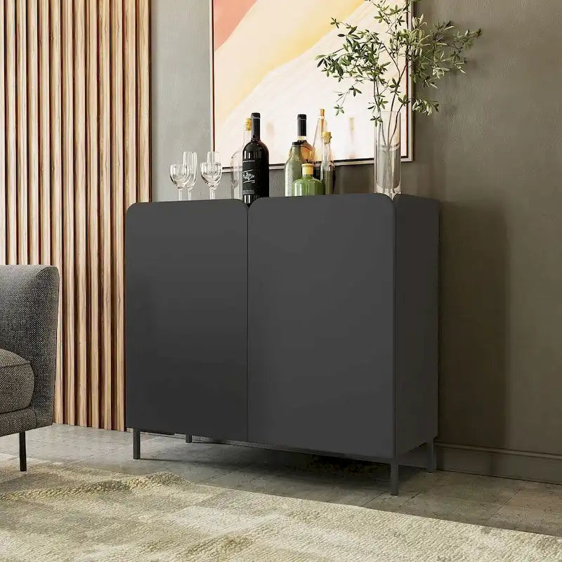 Mid-Century Modern 2-Door Accent Cabinet with Soft-Close Rounded Doors 4 Fixed Shelves and Metal Legs