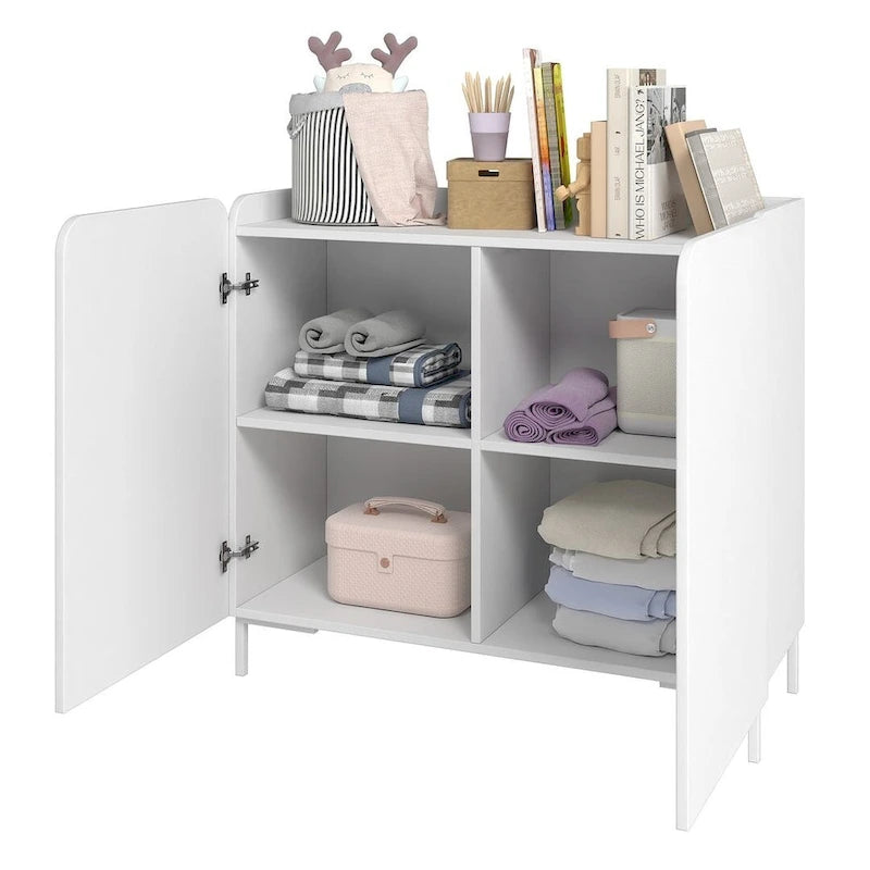 Mid-Century Modern 2-Door Accent Cabinet with Soft-Close Rounded Doors 4 Fixed Shelves and Metal Legs