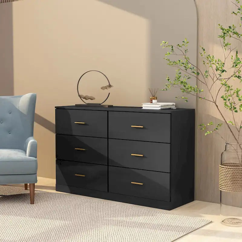 6-Drawer Wide Bedroom Dresser with Gold Bar Pulls Waterproof Surface and Particle Board Construction