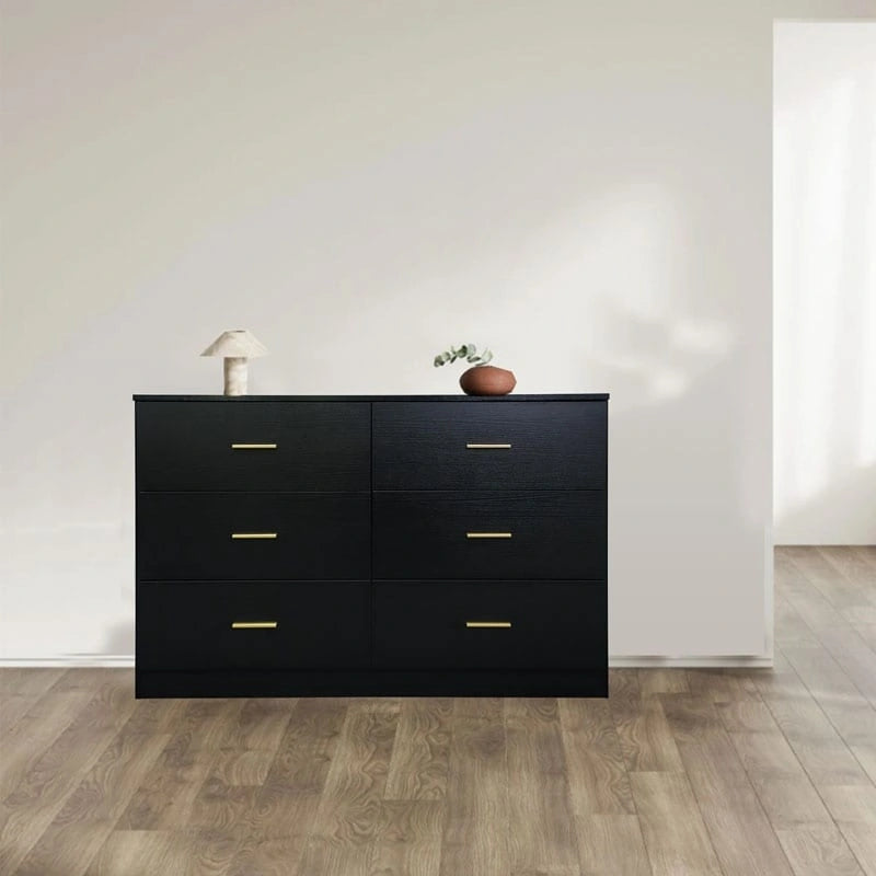 Breite Schlafzimmersideboard-Kommode mit 6 Schubladen, goldenen Bügelgriffen, wasserfester Oberfläche und Spanplattenkonstruktion