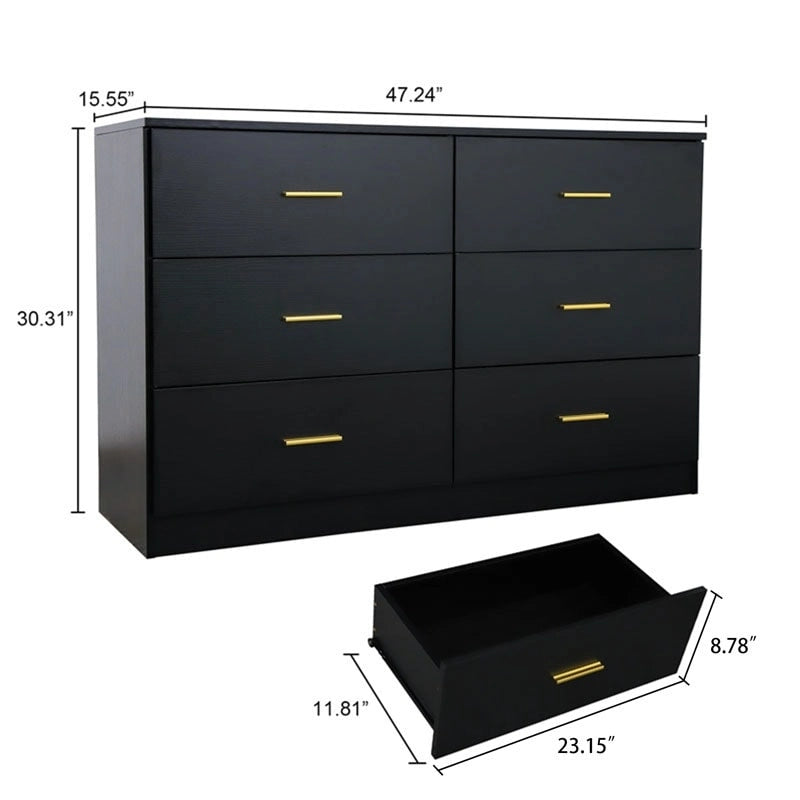 6-Drawer Wide Bedroom Dresser with Gold Bar Pulls Waterproof Surface and Particle Board Construction
