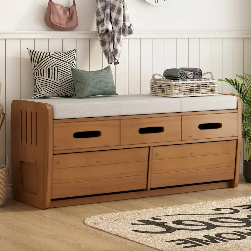 Rustic Entryway Storage Bench with 2 Pull-Out Drawers Padded Seat and Acacia Wood Frame