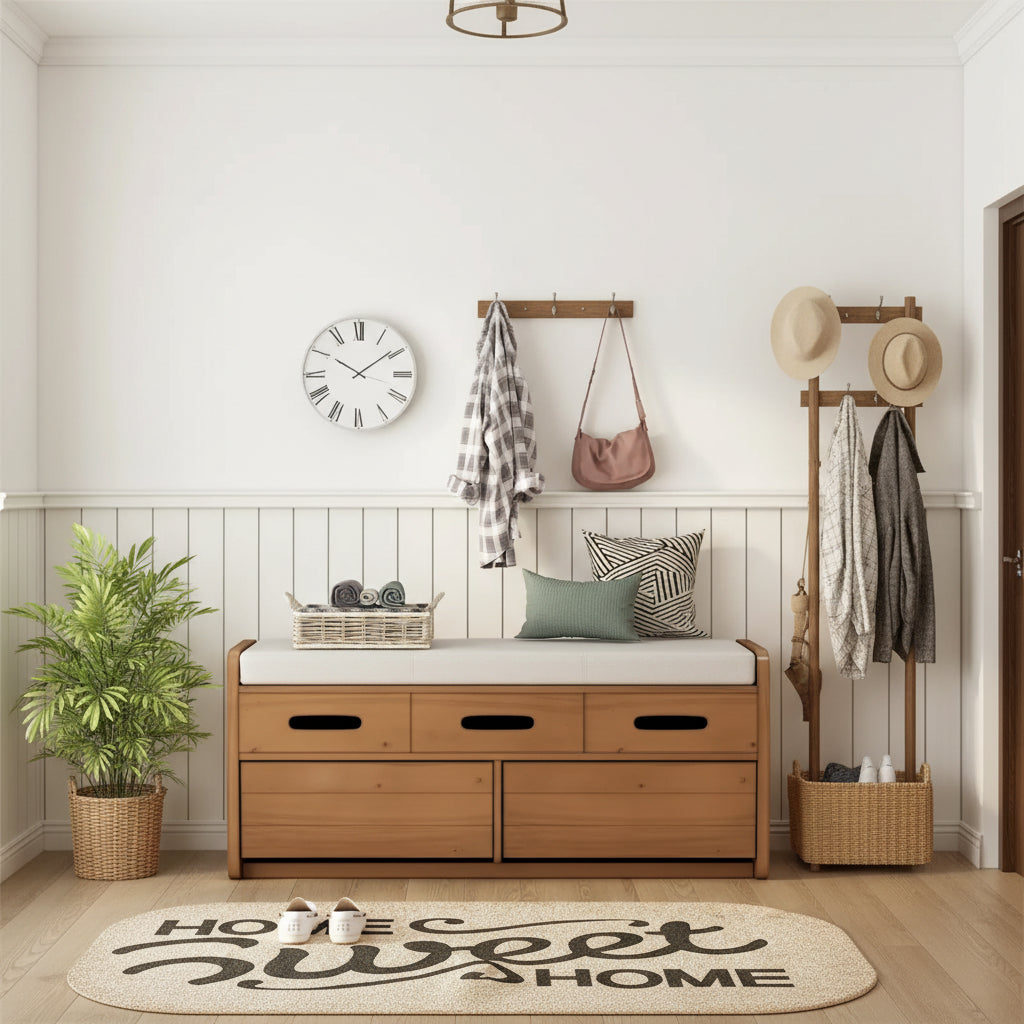 Rustic Entryway Storage Bench with 2 Pull-Out Drawers Padded Seat and Acacia Wood Frame